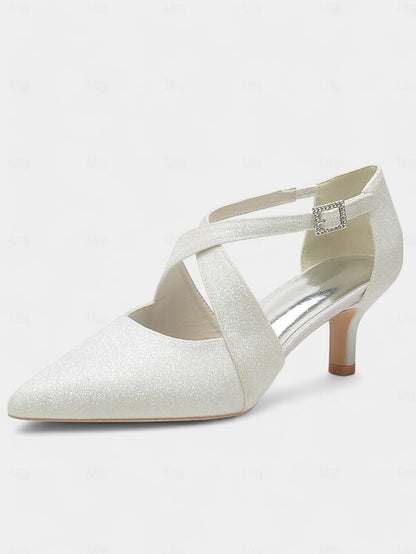 White Heels Glitter Cross Rhinestone Buckle with Kitten Strap