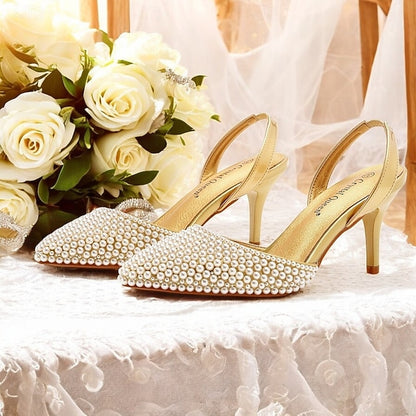 Slingback Women's Embellishments with White Pearl Heels –