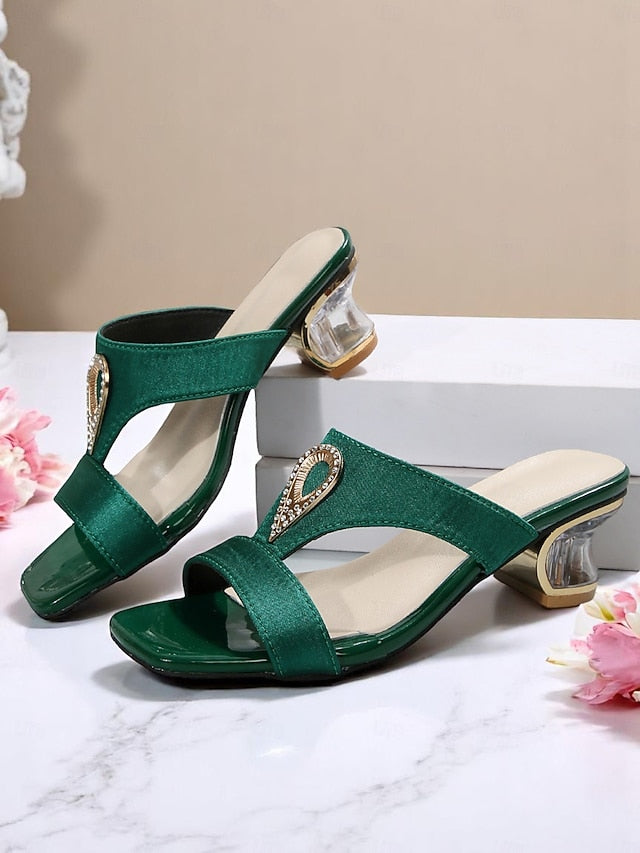 Rhinestone Green Women's Sandals Slide Satin with