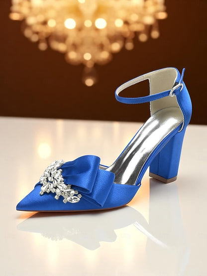 Bow Pumps with and Heel Satin Crystal Women's Block