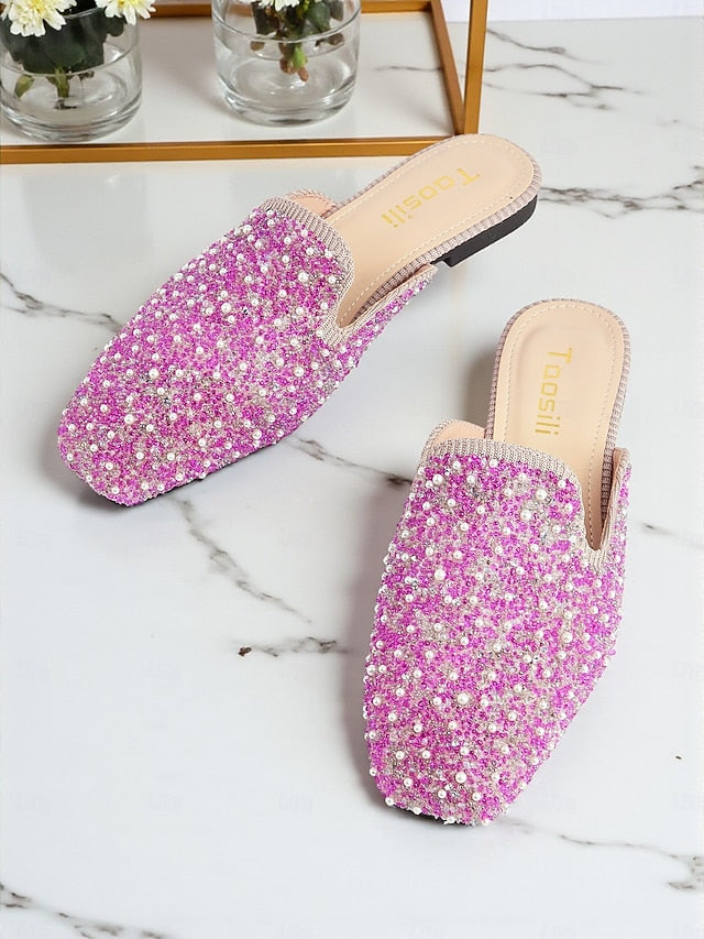 and Mules Embellished - Pink Women's Rhinestone Pearl