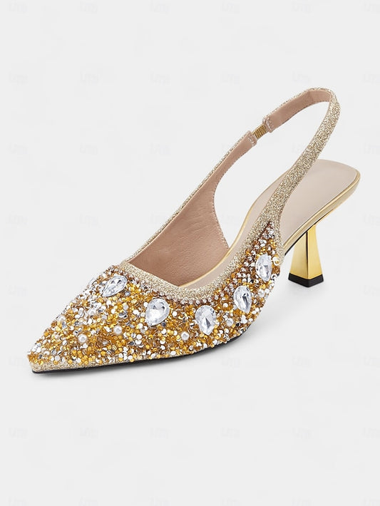 Rhinestone Gold Women's Pearl Slingback with Heels