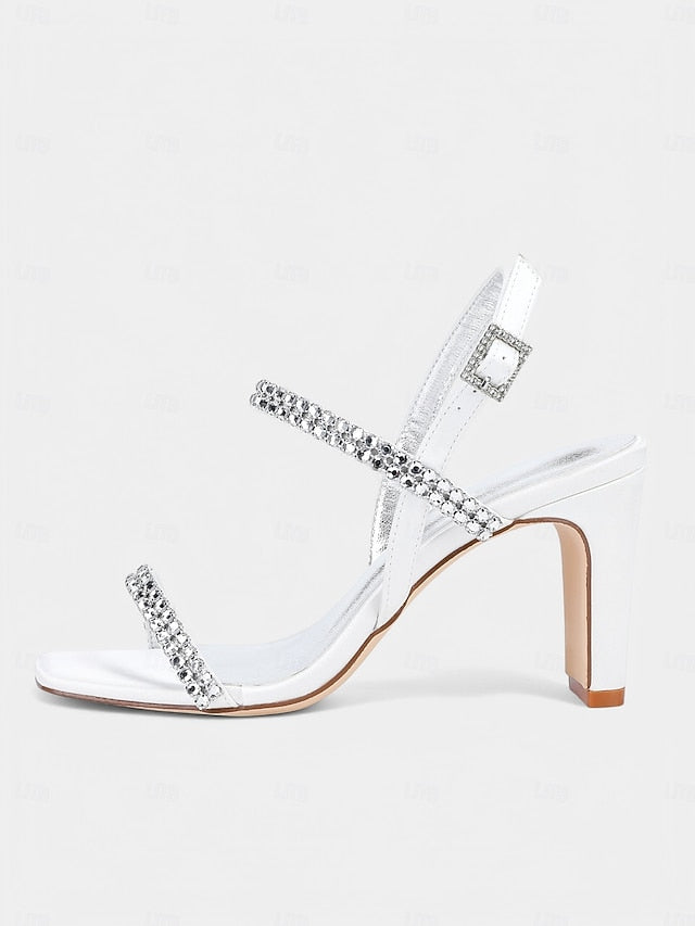 Heel Prom White Bridal – Rhinestone Sandals Women's Block