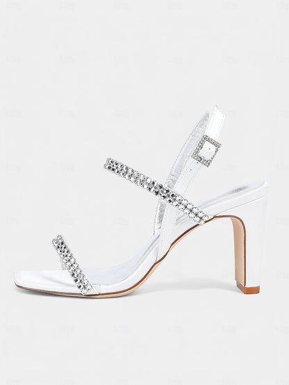 Heel Prom White Bridal – Rhinestone Sandals Women's Block