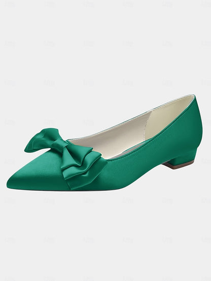Pointed Women's Bow Toe - Elegant Green Flats Satin