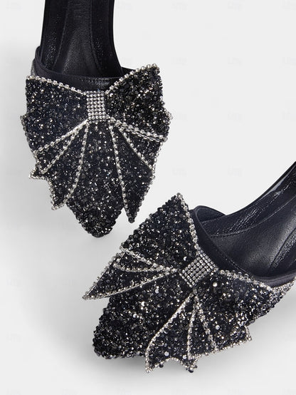 for Black Mules Perfect Parties and Rhinestone-Bow Flat –