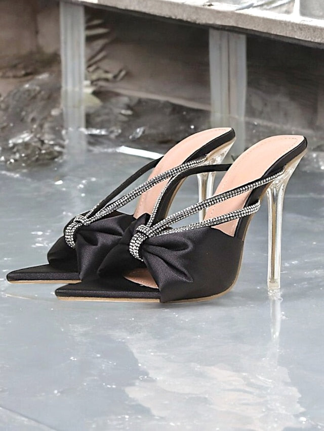 Satin Pink Hot Heeled – Rhinestone Sandals Women's Bow