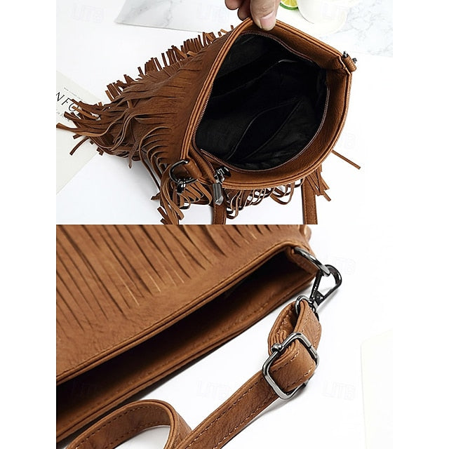 - Women's Leather Bag Faux Fringe Bohemian Crossbody