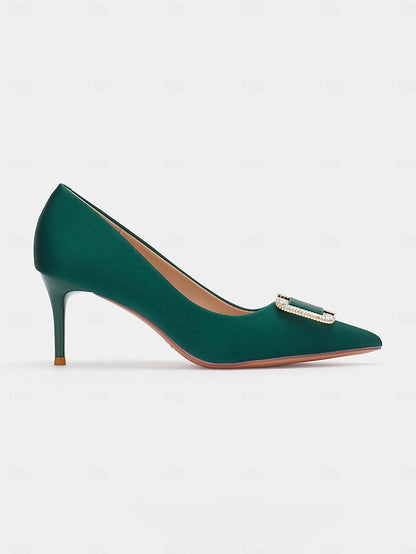 for Women: Rhinestone Pumps Buckle Green Elegant Satin with