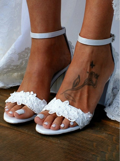 Open-Toe Heels Ankle with - Lace Women White Bridal Strap for