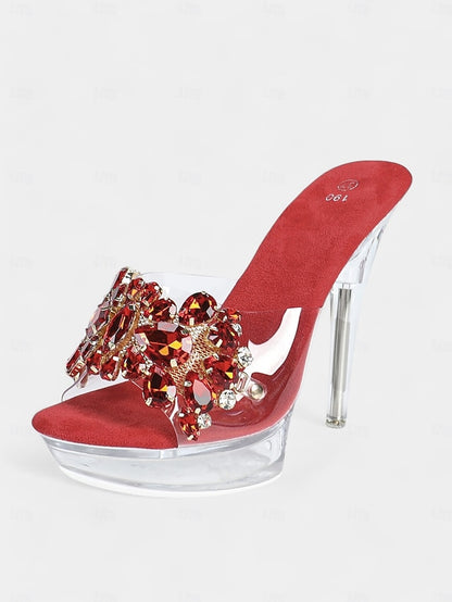 – Women's Embellished Rhinestone Platform Clear Heels
