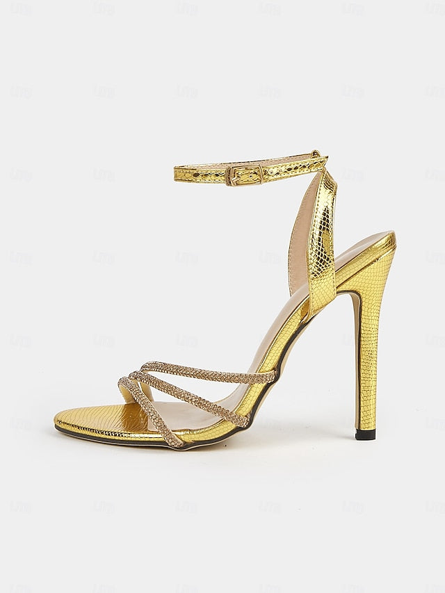 Rhinestone-Embellished Open-Toe Gold Stiletto for Sandals Women