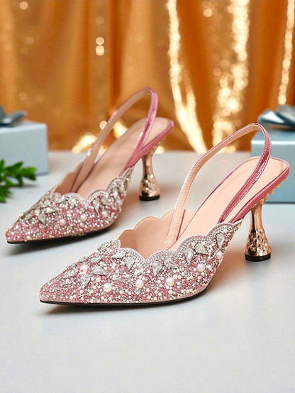 Toe - Pointed Slingback Rhinestone Heels Pink Women's Party
