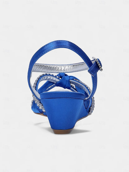 - Satin Green Rhinestone Wedge Sandals Knot Women's