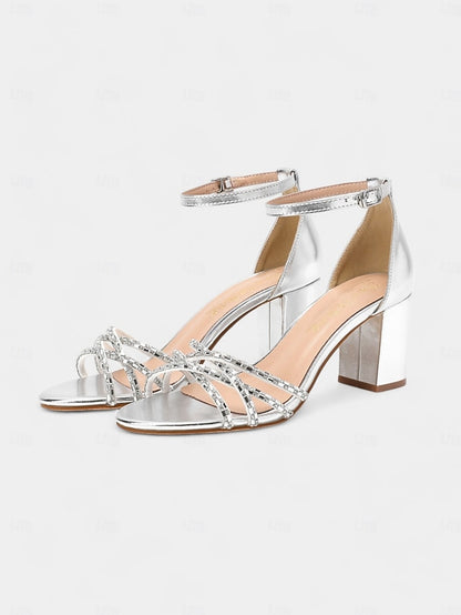 with Heel Sandals Silver Rhinestone Block Metallic Strappy