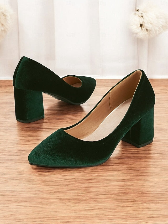 Block Green Heel Pointed Elegant - Women's Pumps Toe Velvet