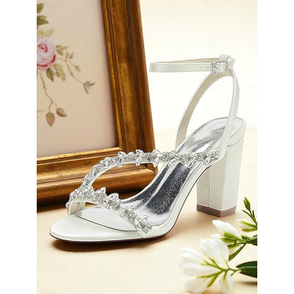 Heel Sandals Block Straps Women's - Rhinestone White with