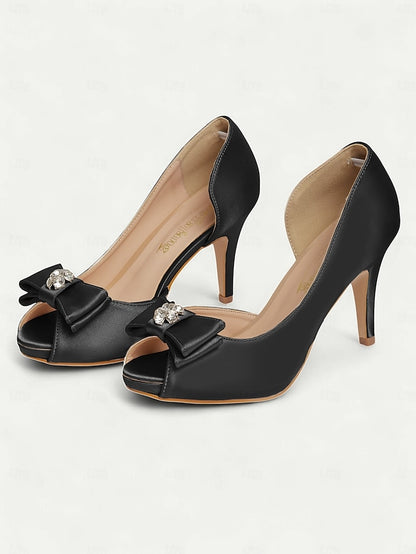 Satin Peep Toe Bow and with Heels Champagne Women's