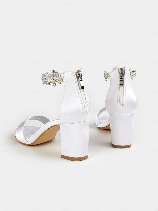 Ankle Block White with Heel Sandals Bridal Floral Strap Satin