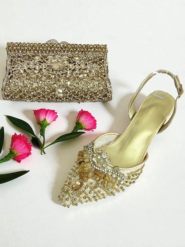 Heel Rhinestone Women's Shoes Green Set and Clutch - Bag