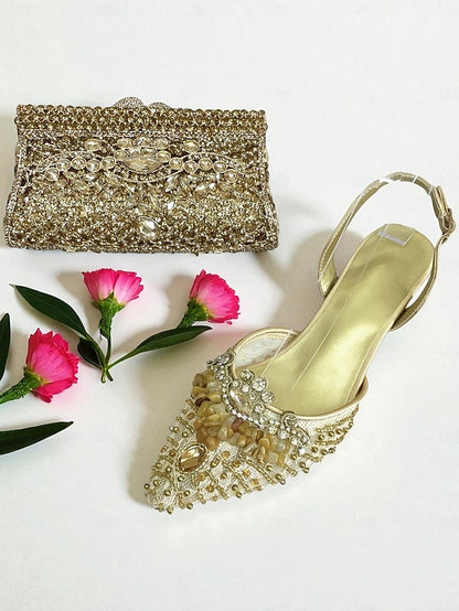 Heel Rhinestone Women's Shoes Green Set and Clutch - Bag