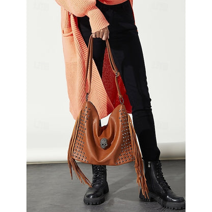 - Brown Leather Boho Studded Bag Women's Hobo Skull Fringe
