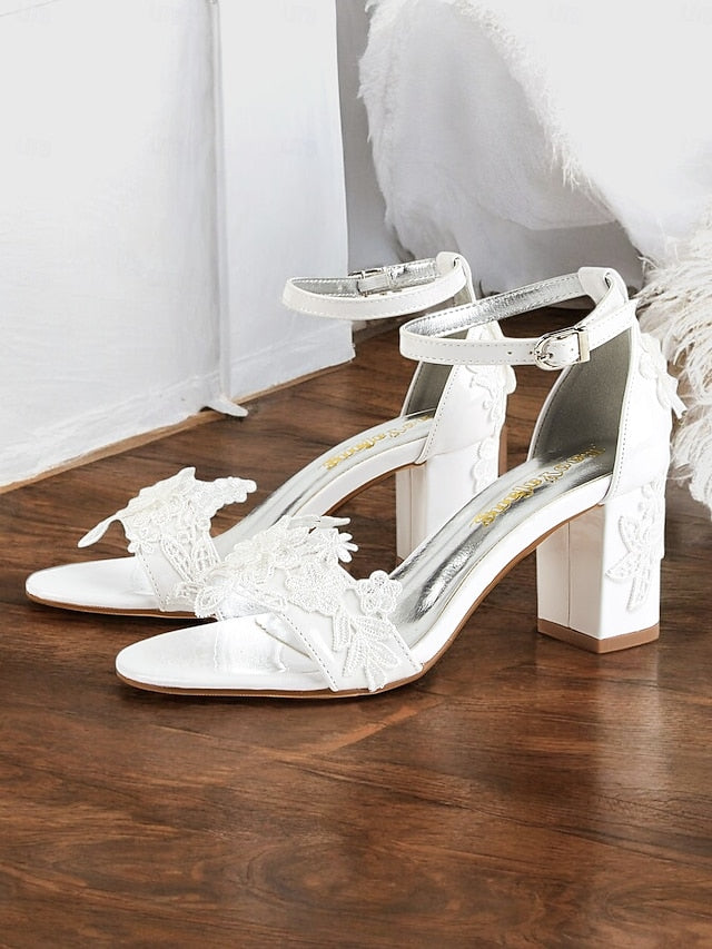 Open-Toe Heels Ankle with - Lace Women White Bridal Strap for