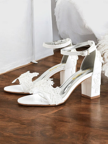 Open-Toe Heels Ankle with - Lace Women White Bridal Strap for
