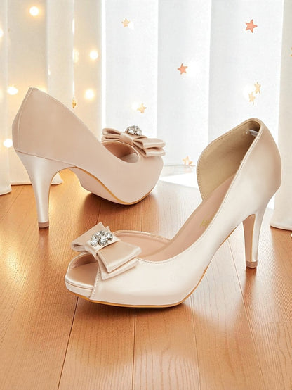 Satin Peep Toe Bow and with Heels Champagne Women's