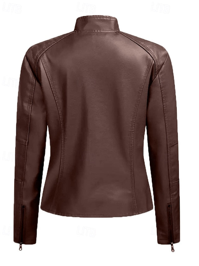 Pocket Women's Leather Faux Zipper Jacket Comfortable
