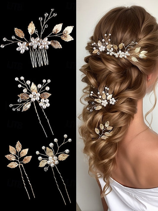 with Faux Pearls Accessory and Bridal Gold Silver Set Hair Leaf