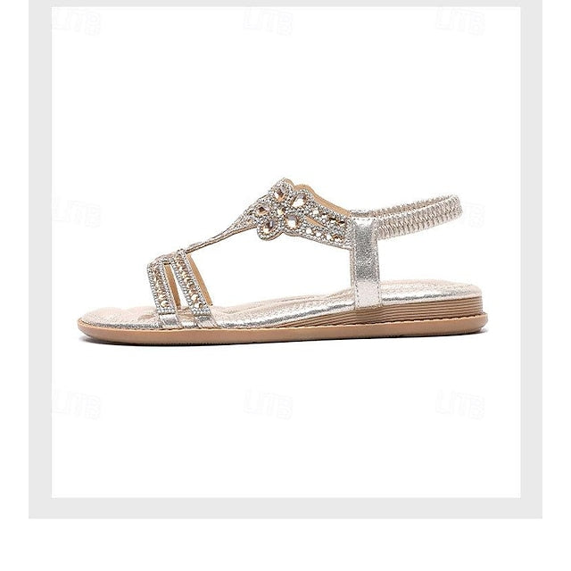 Rhinestone – Flat Boho Silver Sandals Women's T-Strap
