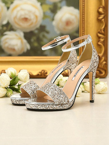 Sandals Glitter Silver High with Women's Heel Strap Ankle