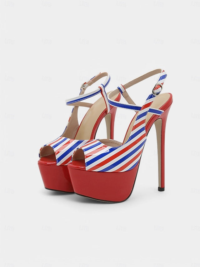 Striped Women's and White Blue Heels Platform Stiletto Red