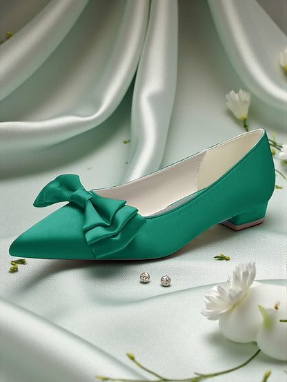 Pointed Women's Bow Toe - Elegant Green Flats Satin