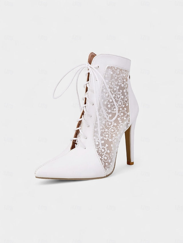 Stiletto Heels White Lace Mesh with Women's Ankle Booties