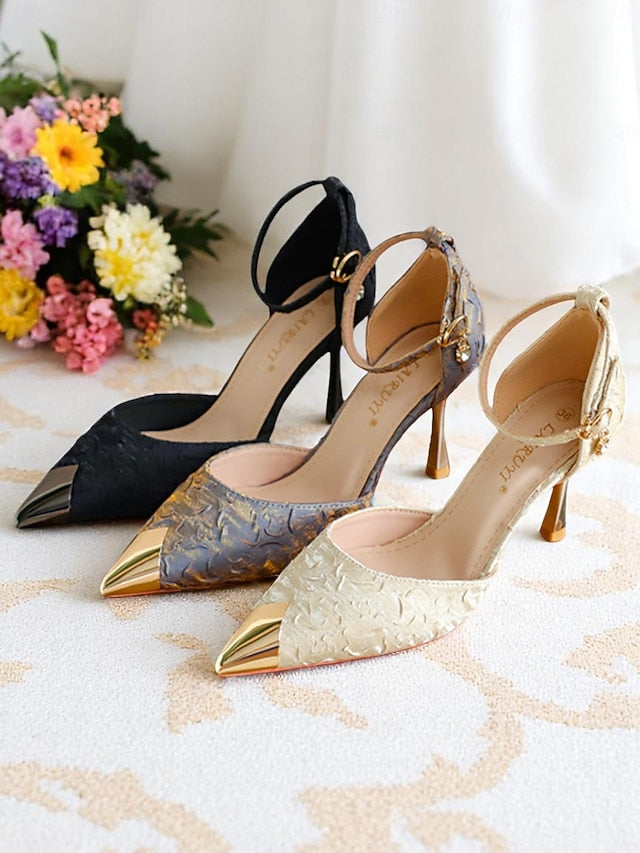 Heels Gold Beige Accents Women's Satin Pointed with and Toe