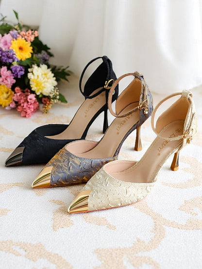 Heels Gold Beige Accents Women's Satin Pointed with and Toe