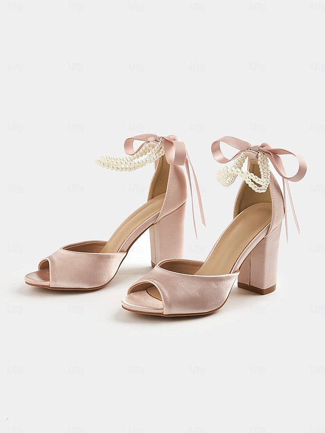 Sandals Peep-Toe Satin Women's Pearl Heel with Block Ankle