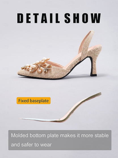 Slingback Satin Detailing Women's Pearl with Black Heels -