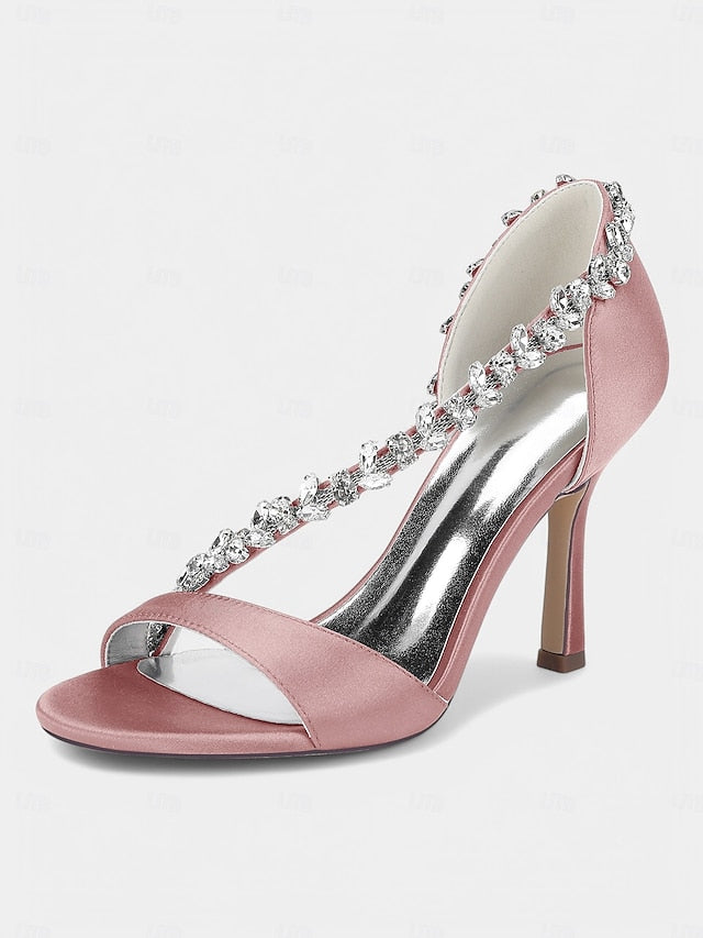 with High T-Strap Champagne Crystal – Women's Heels Satin