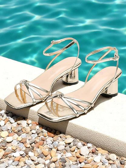 Block Metallic – Women's Ankle Shiny Strap Heels Gold