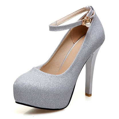 Stiletto Silver Heels Glitter Ankle Women's Platform with