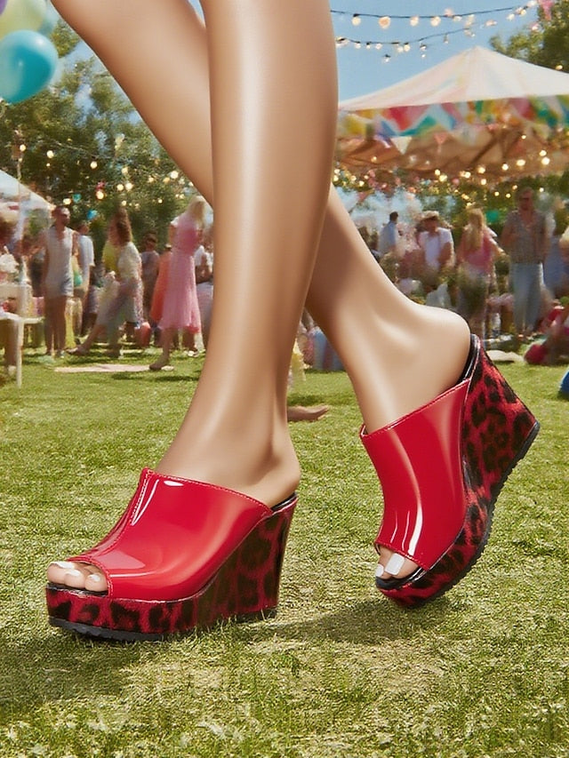Red Wedge Patent Sandals Peep Leopard Toe Leather Women's -