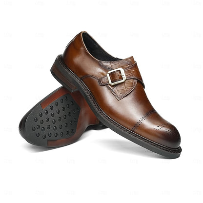 First Men's Genuine Strap Monk Black Leather Shoes-