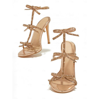 Knot Sandals Sparkly Strappy Women's Stiletto Bow Gold –