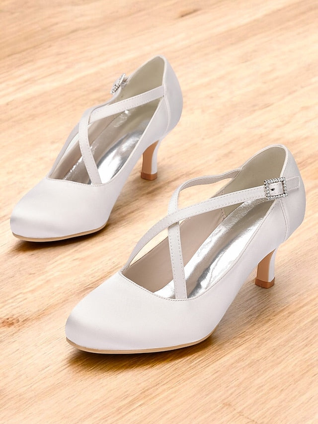 Heels – with Rhinestone Cross-Strap Satin White Elegant Buckle