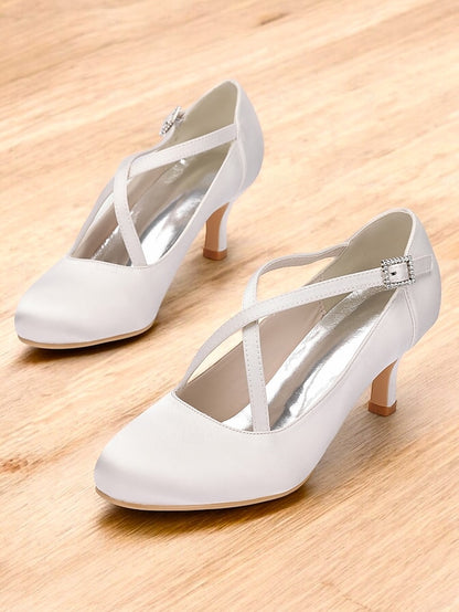 Satin with Elegant Rhinestone Heels Buckle – Cross-Strap White