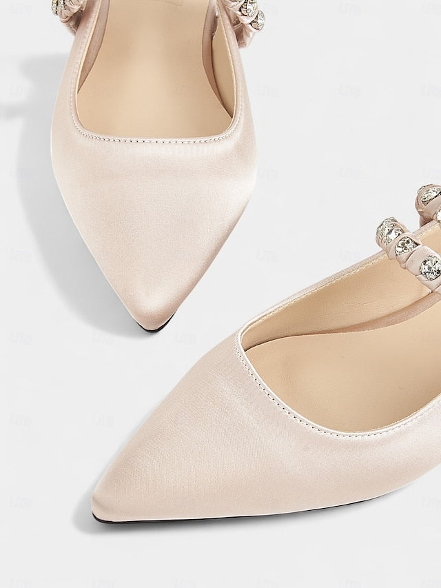 Satin Women's Pointed Flats Slingback - Rhinestone Toe