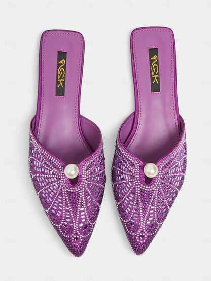 Gold Glamorous Mules Pearl with Rhinestone Detail Women's -